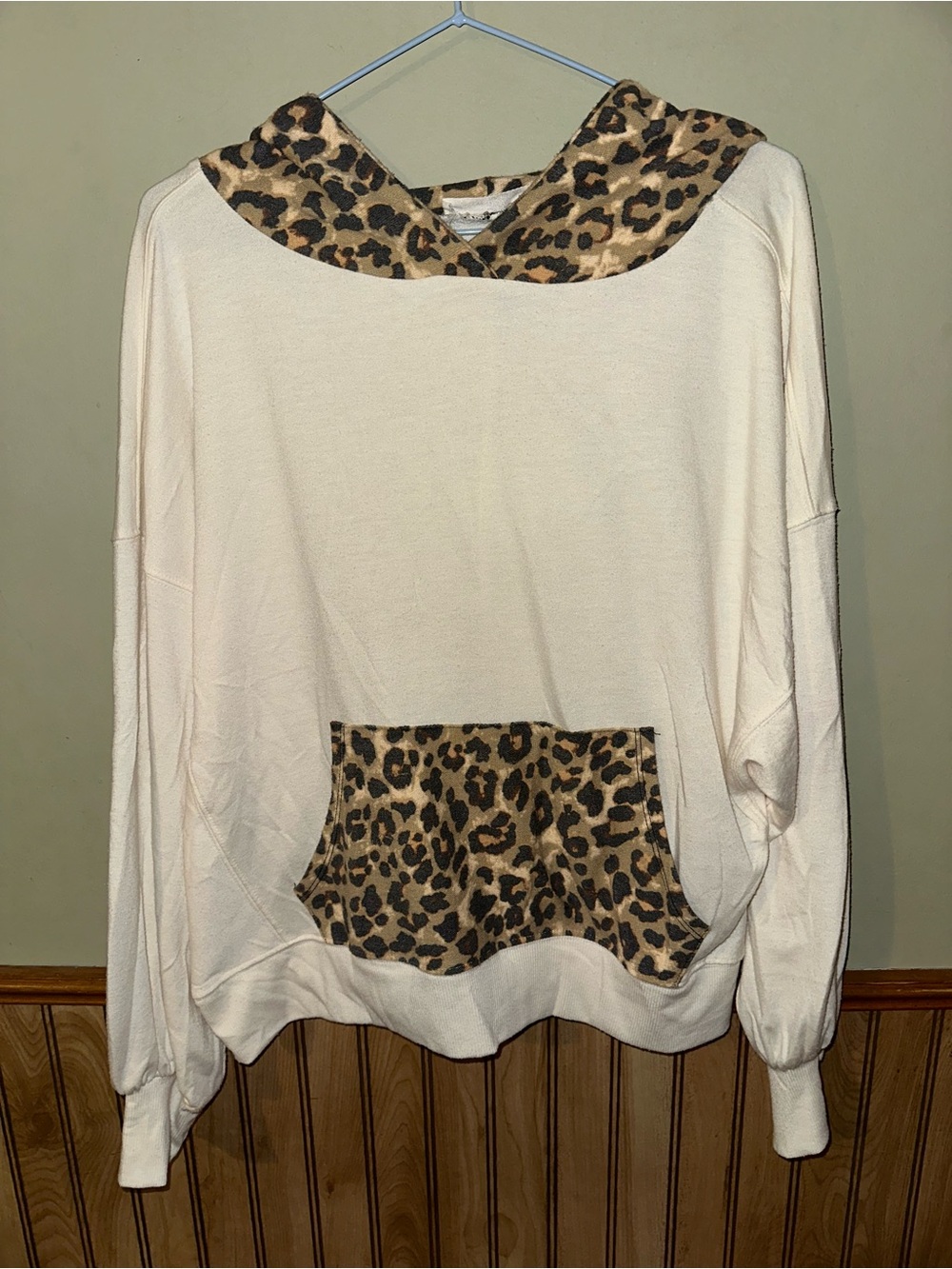 Zenana Outfitters Cream Hoodie with Leopard Trim